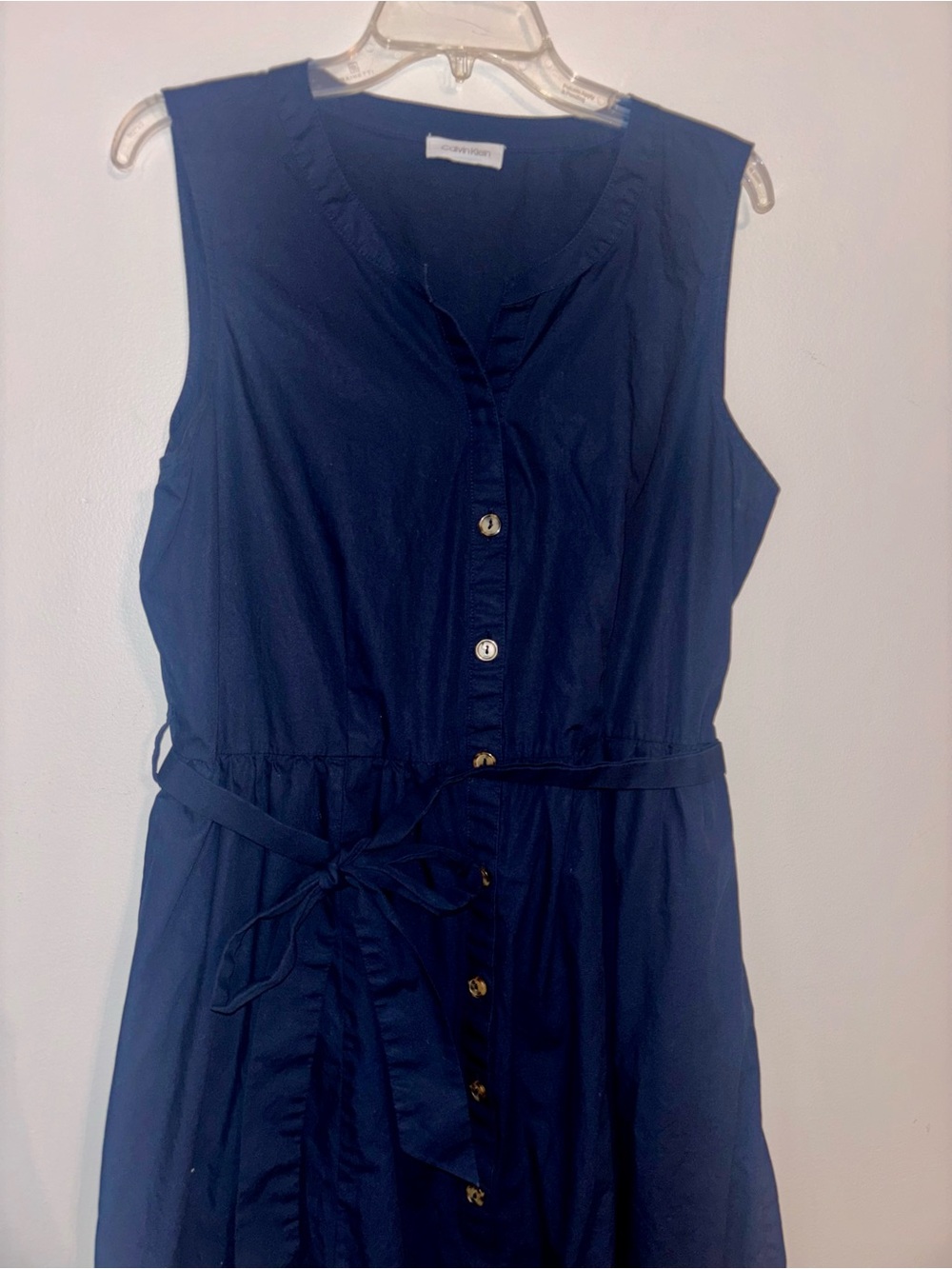Calvin Klein Navy Blue Sleeveless Button-Front Midi Dress 100% Cotton w/ pockets - Picture 3 of 6